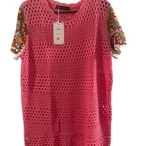 OUKODS Pink Crochet Top with Multicolor Sleeves